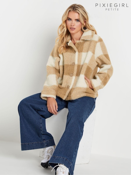 PixieGirl Petite Natural Brown Check Teddy Fleece Jacket (AT9899) | €48