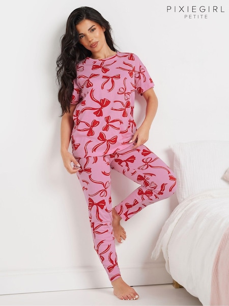 PixieGirl Petite Pink 100% Cotton Bows Short Sleeve Tapered Pyjamas Set (AT9912) | AED169