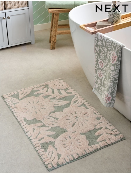 Sage Green Floral Print 100% Cotton Bath Mat (AT9950) | €24