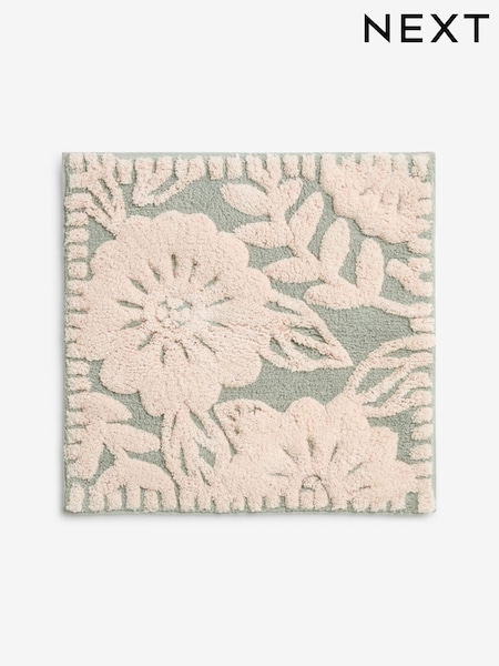 Sage Green Floral Print 100% Cotton Shower Mat (AT9954) | €18