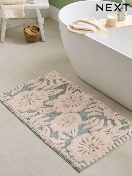 Sage Green Floral Print 100% Cotton X-Large Bath Mat (AT9979) | €39