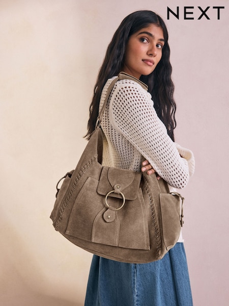Taupe Suede Whipstitch Shoulder Bag (AU0093) | $122