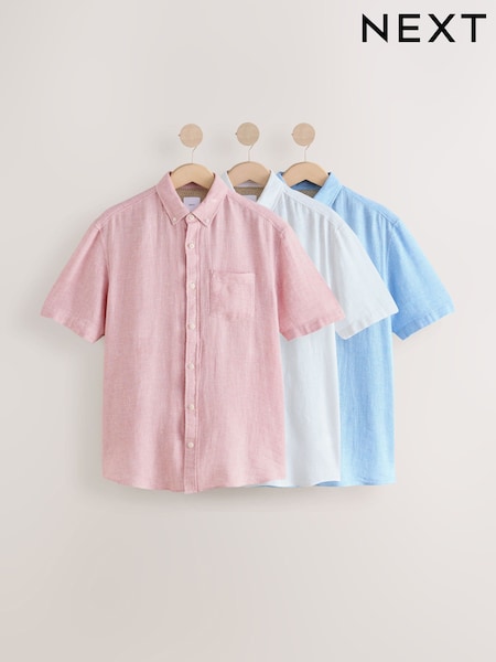 White/Blue/Pink Cotton Linen Blend Short Sleeve Shirt Multipack (AU0144) | €86