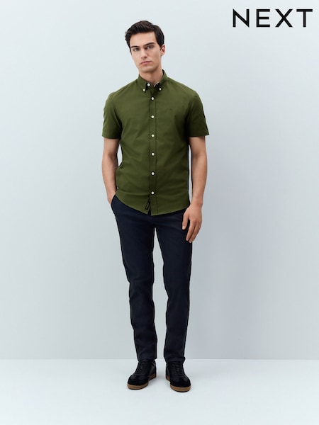 Olive Green Stretch Oxford Short Sleeve Shirt (AU0149) | R$ 240