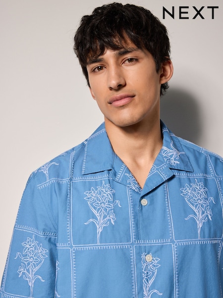 Blue Floral Embroidered Short Sleeve 100% Cotton Shirt (AU0151) | AED166
