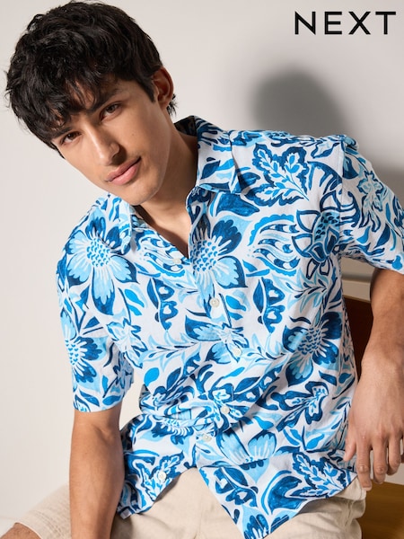 Синій - Watercolour Floral Printed Short Sleeve 100% Cotton Shirt (AU0172) | 1 114 грн
