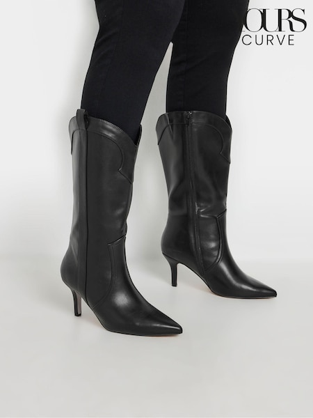 Yours Curve Black Extra Wide Fit Heeled Calf Western Boots (AU0186) | 346 QAR