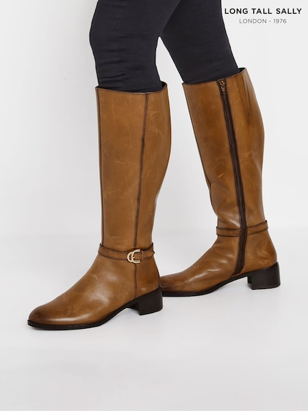 Long Tall Sally Brown Knee High Block Heel Leather Boots (AU0188) | €159