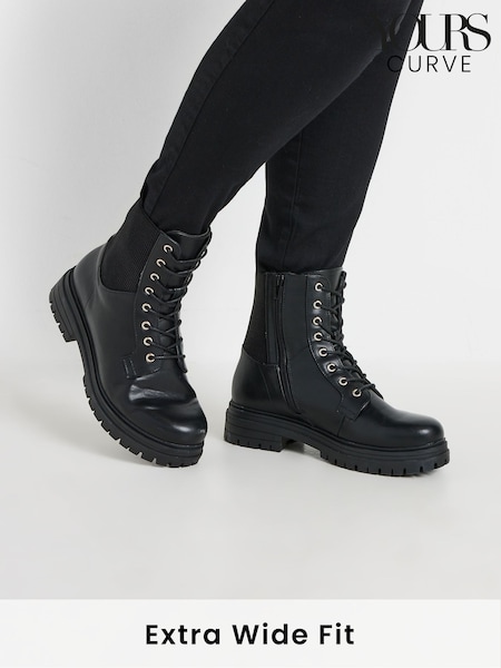 Yours Curve Black Wide Fit Extra Wide Fit Panel Lace Up Chunky Boots (AU0189) | AED291