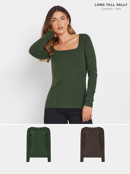 Long Tall Sally Green Square Neck Fitted T-Shirt 2 Pack (AU0220) | €26