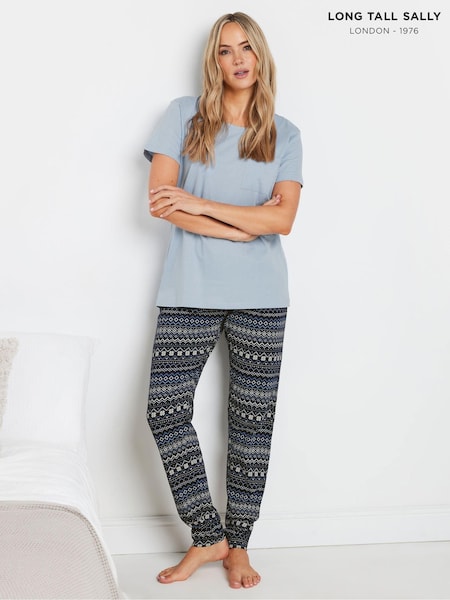 Long Tall Sally Blue Fairisle Pattern Short Sleeve 100% Cotton Cuffed Pyjamas Set (AU0255) | €19