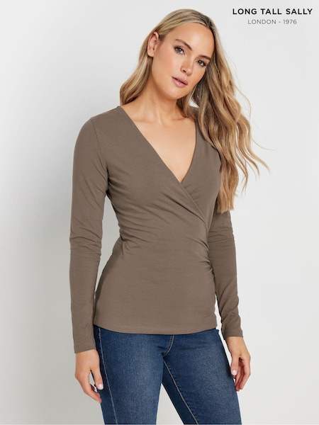 Ruskea - Long Tall Sally Pitkä hiha puuvillainen Wrap toppi (AU0268) | €33