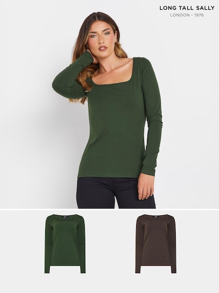 Long Tall Sally Green Square Neck Fitted T-Shirt (AU0287) | €21.50