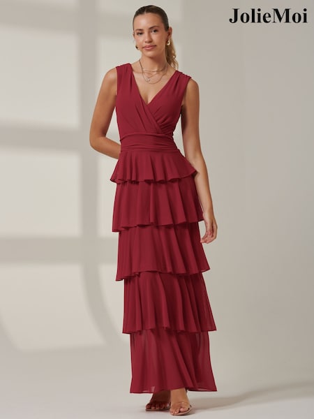 Jolie Moi Red Plain Tiered Mesh Maxi Dress (AU0309) | €63