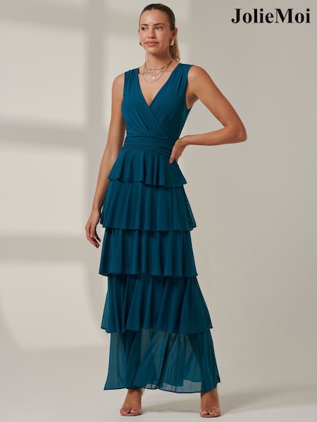 Jolie Moi Mid Blue Plain Tiered Mesh Maxi Dress (AU0312) | €63