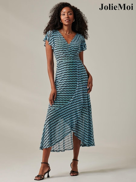 Jolie Moi Blue Geo Print Ruffle Hem Mesh Maxi Dress (AU0317) | 421 QAR