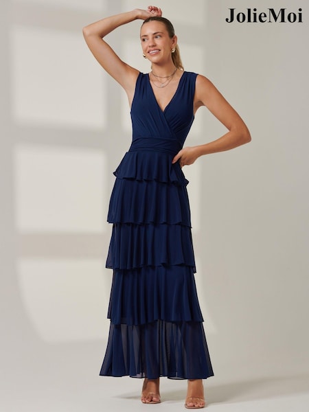Jolie Moi Blue Plain Tiered Mesh Maxi Dress (AU0319) | ₪478