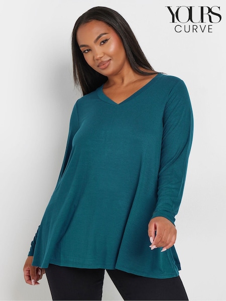 Yours Curve Blue Ribbed Elevated Long Sleeve Top (AU0348) | €34