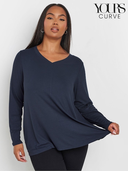 Yours Curve Blue Ribbed Elevated Long Sleeve Top (AU0349) | €34