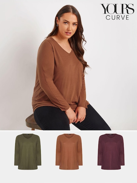 Yours Curve Green Core Long Sleeve T-Shirts 3 Pack (AU0351) | kr471