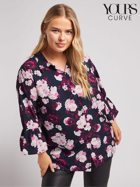 Yours Curve Black London Floral Print Ruffle Sleeve Shirt (AU0353) | €30