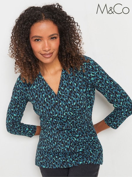 M&Co Animal Print 3/4 Sleeve Wrap Top (AU0363) | 171 LEI
