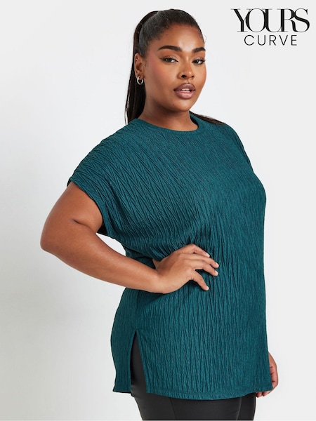 Yours Curve Blue Grown On Sleeve Plisse T-Shirt (AU0364) | €39