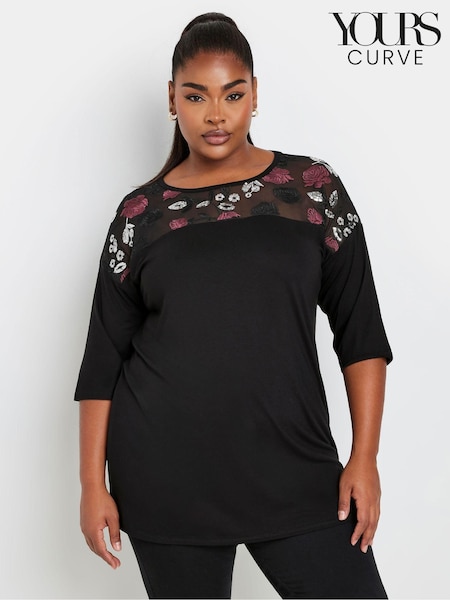 Negru - Bluză cu mânecă 3/4 cu decorațiuni Yours Curve (AU0366) | 216 LEI