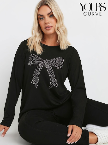 Yours Curve Black Diamante Bow Long Sleeve Top (AU0369) | €25
