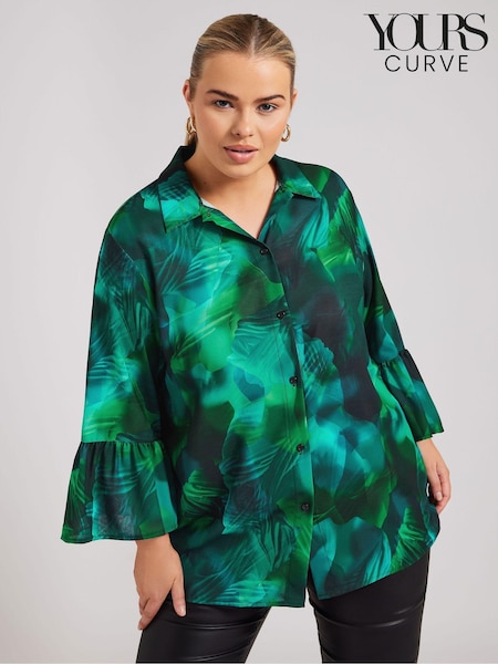 Yours Curve Green London Abstract Ruffle Sleeve Shirt (AU0378) | €35