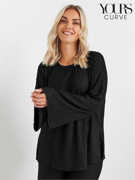 Yours Curve Black Plisse Flute Sleeve Co-Ord T-Shirt (AU0392) | 144 QAR