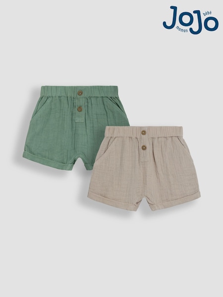 Natural Stone & Khaki Green - JoJo Maman Bébé 2-Pack Cheesecloth Shorts (AU0417) | 35 € - 38 €