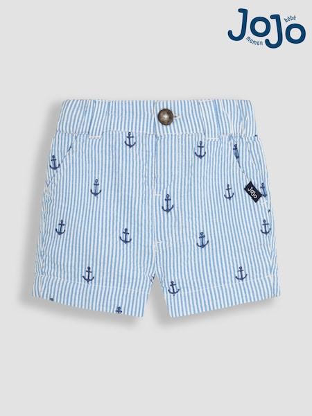 JoJo Maman Bébé Blue Anchor Embroidered Seersucker 100% Cotton Shorts (AU0421) | €29 - €34