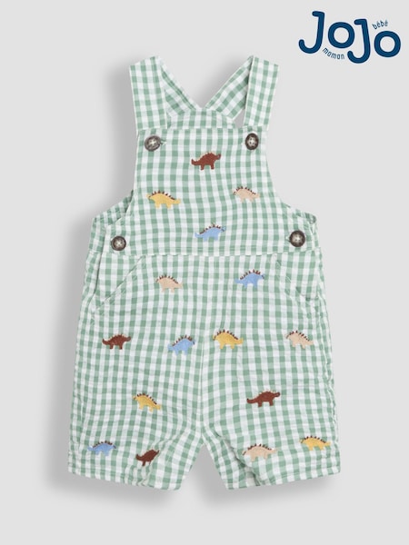 JoJo Maman Bébé Sage Green Dino Embroidered Gingham Dungarees (AU0424) | 1,562 UAH - 1,622 UAH