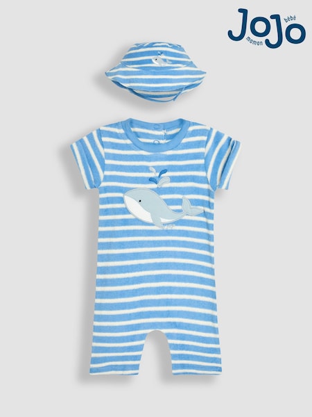 JoJo Maman Bébé Blue 2-Piece Whale Appliqué Towelling Romper Set (AU0434) | €40 - €41