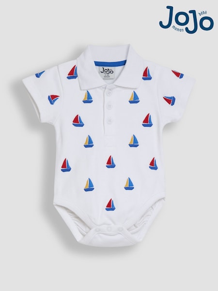 JoJo Maman Bébé White Boat Embroidered Polo Shirt Bodysuit (AU0439) | CA$43 - CA$46