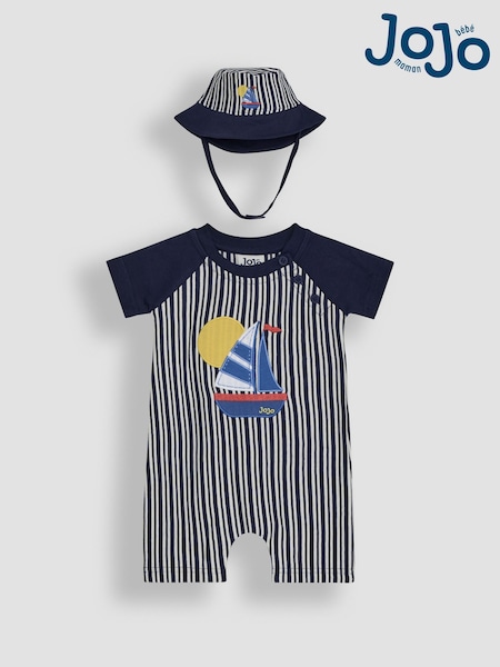 JoJo Maman Bébé Navy Blue Boat 2-Piece Appliqué Romper & Hat Set (AU0441) | €40 - €41