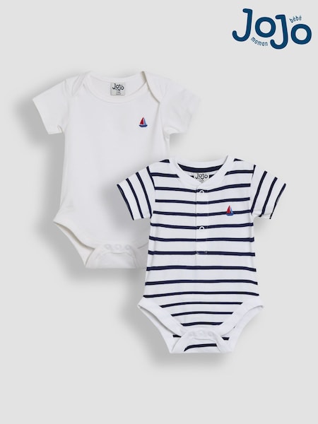 JoJo Maman Bébé White 2-Pack Sailboat Stripe & Plain Bodysuits (AU0443) | CA$63 - CA$66