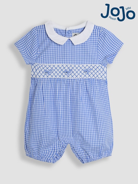 JoJo Maman Bébé Blue Stripe Whale Embroidered Smock Romper (AU0448) | €41 - €43