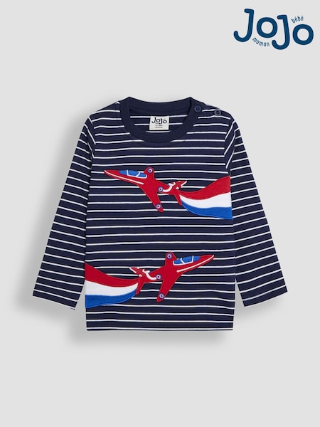 JoJo Maman Bébé Navy Ecru Stripe Arrows Appliqué 100% Cotton Top (AU0461) | €30 - €35