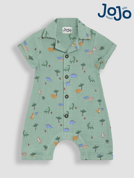 JoJo Maman Bébé Khaki Green Dino Cheesecloth Button Front Romper (AU0473) | €32.50 - €34