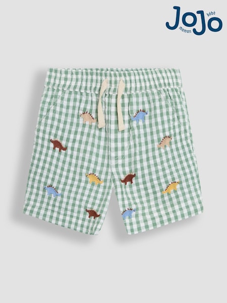 JoJo Maman Bébé Sage Green Dino Embroidered Twill Gingham Shorts (AU0492) | €23.50 - €27.50