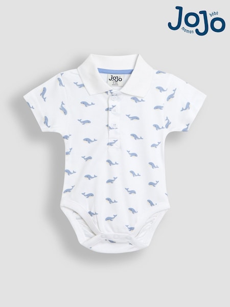 JoJo Maman Bébé White Whale Print 100% Cotton Polo Shirt Bodysuit (AU0600) | CA$43 - CA$46