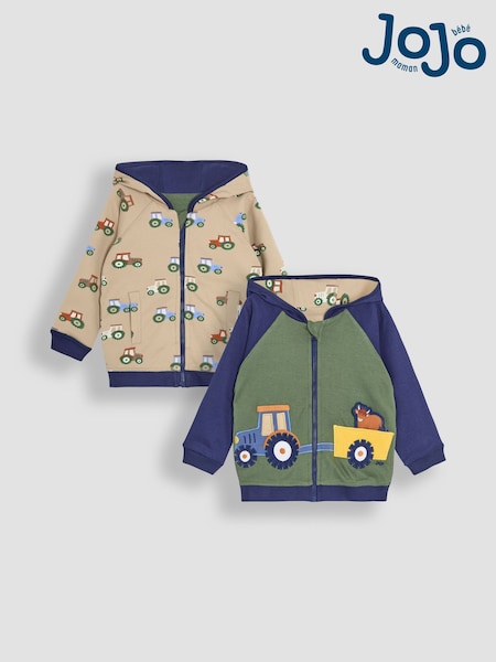 JoJo Maman Bébé Navy Tractor Appliqué Reversible Hoodie (AU0609) | €43 - €48