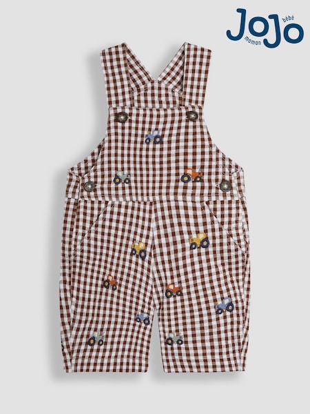 JoJo Maman Bébé Toffee Tractor Embroidered Gingham 100% Cotton Dungarees (AU0610) | SGD 50 - SGD 52