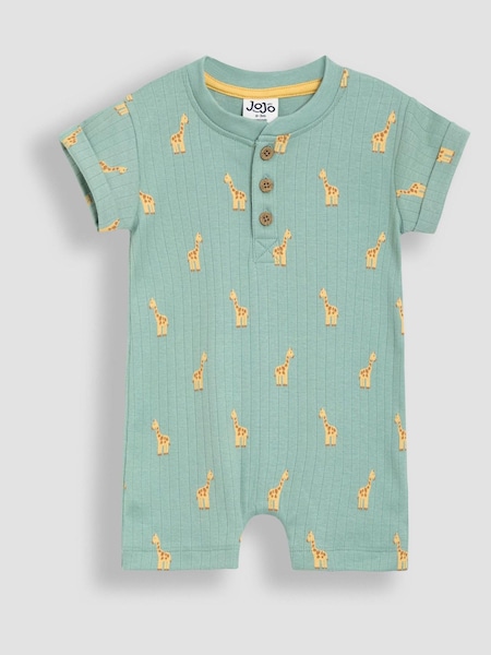 JoJo Maman Bébé Sage Green Giraffe Ribbed 100% Cotton Romper (AU0625) | €34 - €35