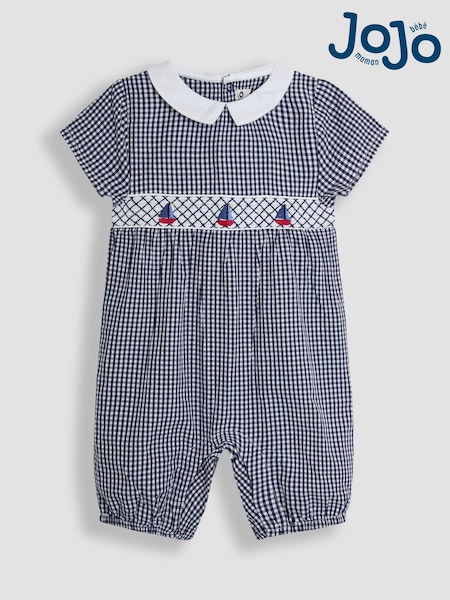 Navy Gingham Nautical - JoJo Maman Bébé Embroidered Smock 100% Cotton Romper (AU0627) | 41 € - 43 €