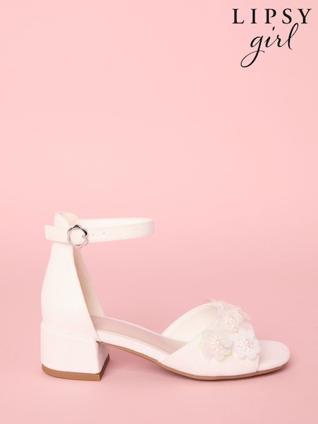 Lipsy White Low Block Heel Flower Corsage Occasion Sandals (AU0648) | €42 - €48