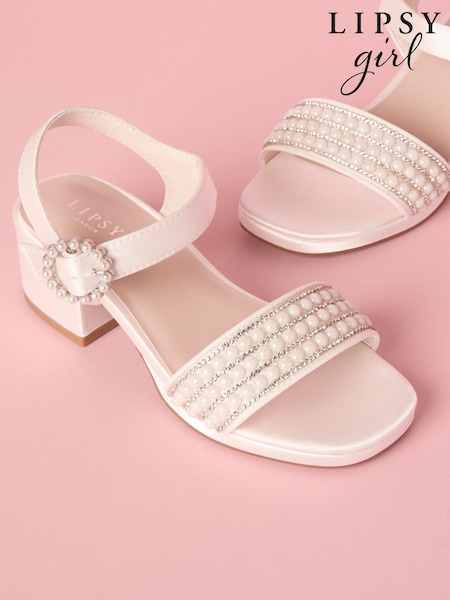 Lipsy White Low Block Heel Platform Pearl Occasion Sandals (AU0650) | $69 - $78