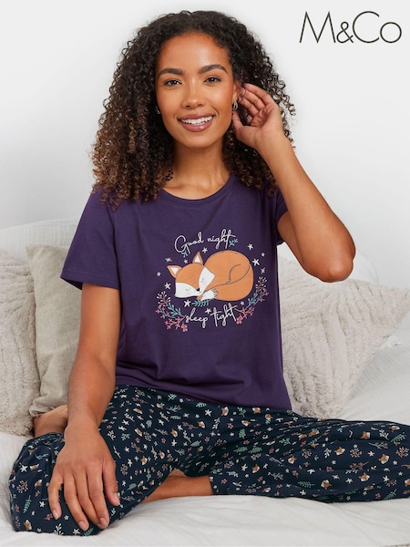 M&Co 100% Cotton Goodnight Fox Short Sleeve Wide Leg Pyjamas Set (AU0697) | ‏139 ر.ق.